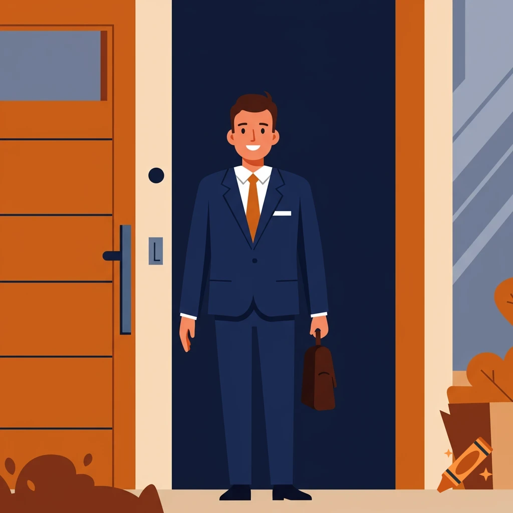 A smiling cartoon real estate agent in a blue suit and orange tie stands at a door, holding a briefcase.