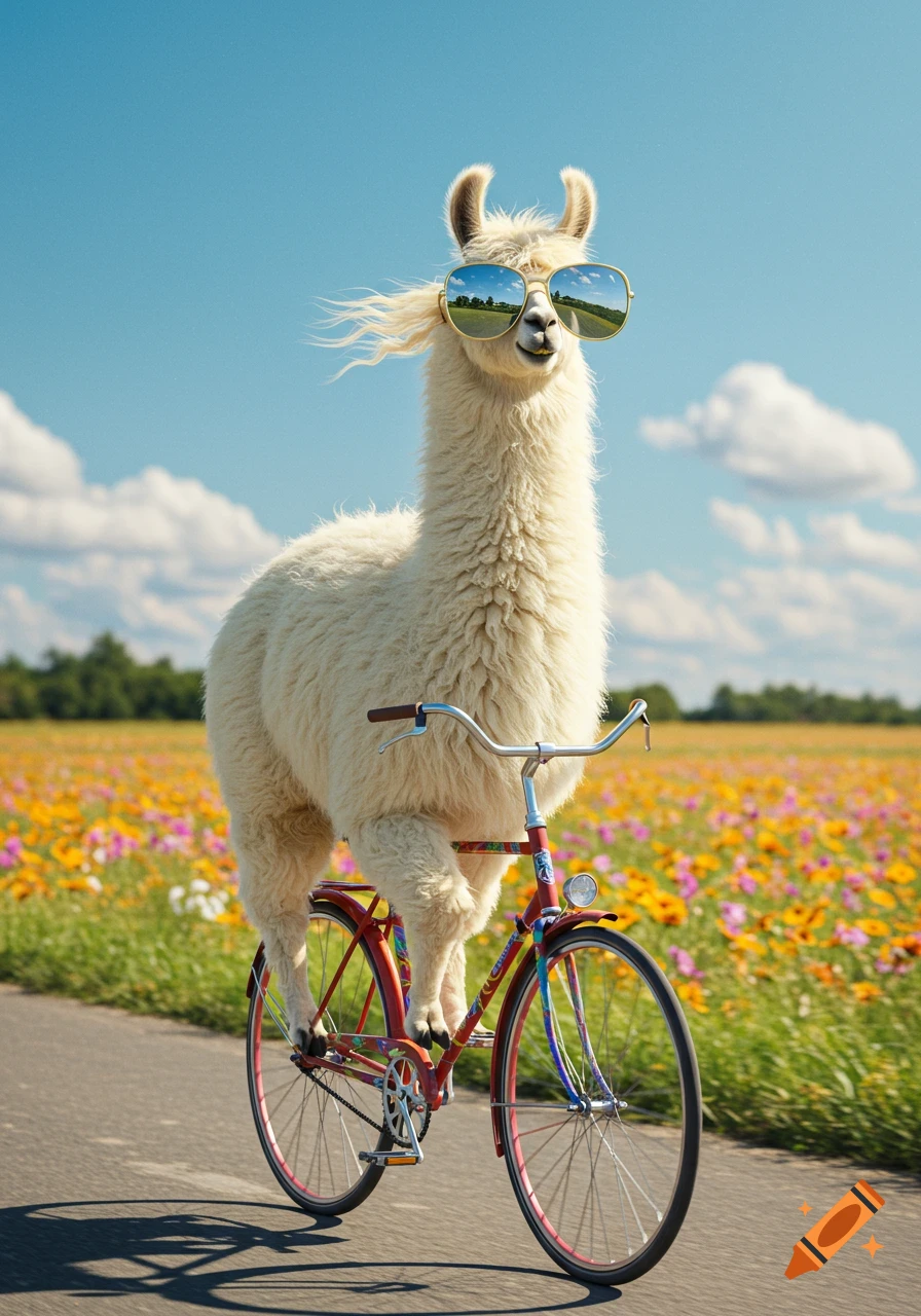 A fluffy white llama wearing golden sunglasses rides a red bicycle down a road next to a field of wildflowers under a blue sky.