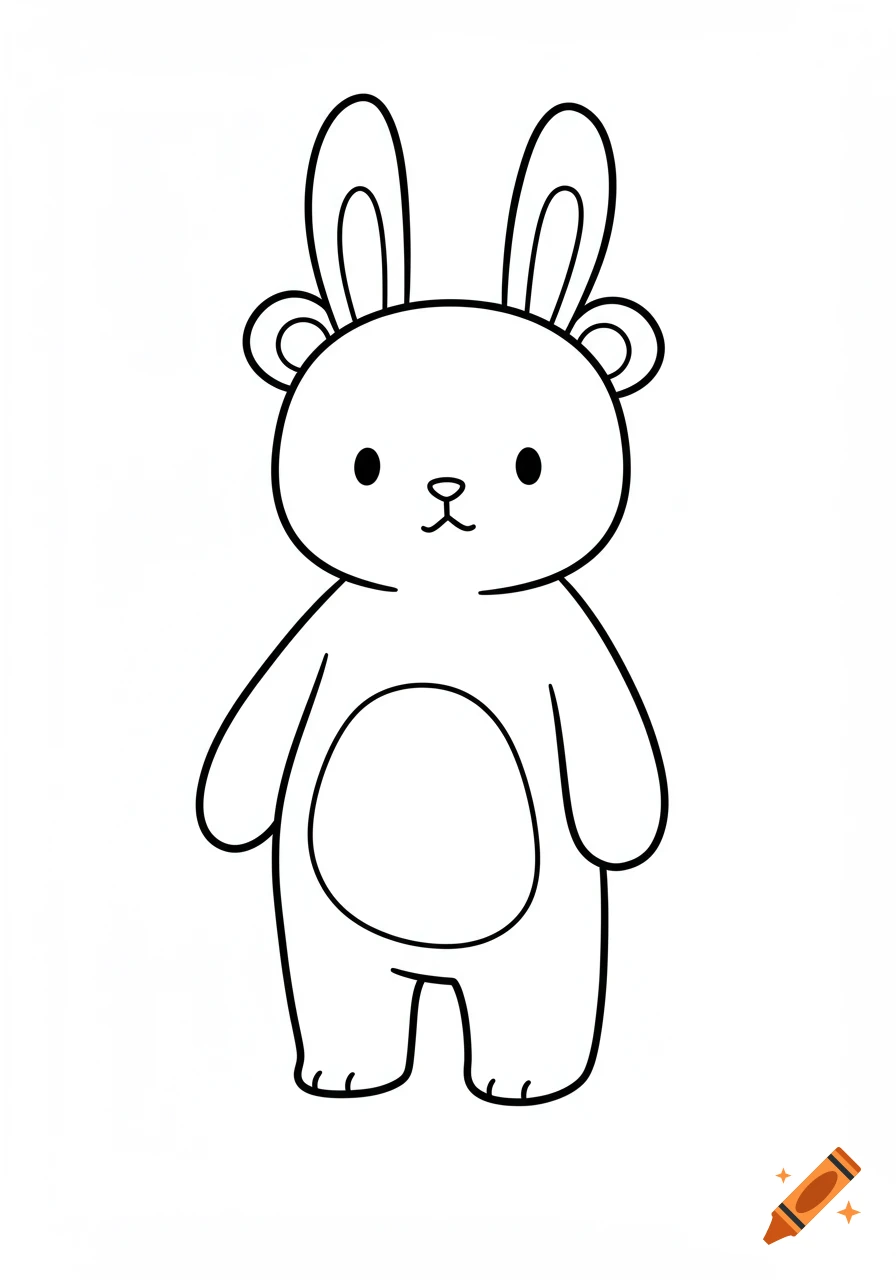 Black outline drawing of a cute, standing bunny-bear character with rounded shapes, suitable for a coloring book.