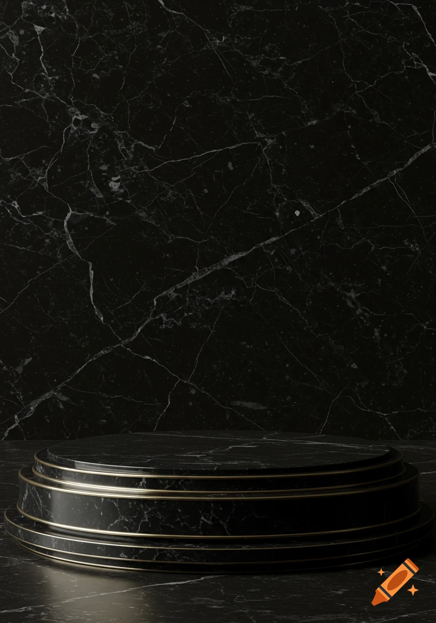 A black marble background with a tiered cylindrical pedestal featuring gold accents on a dark marble surface.