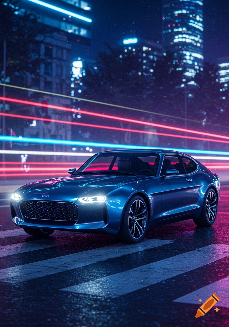 A sleek blue futuristic car on a wet city street at night, illuminated by neon light trails and blurred city lights.