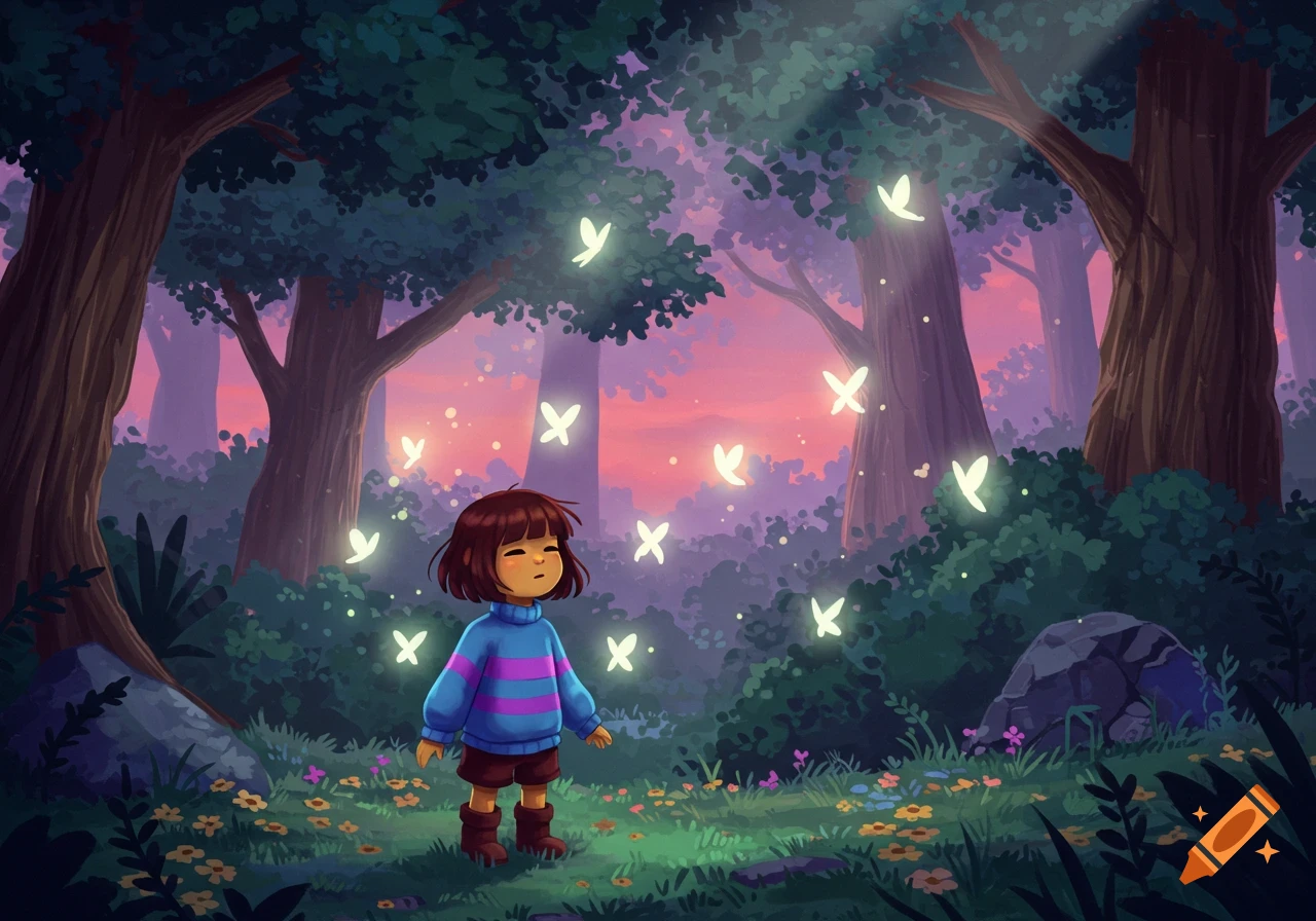 Frisk from Undertale stands in a magical forest at dusk with glowing butterflies, in a vibrant anime style.