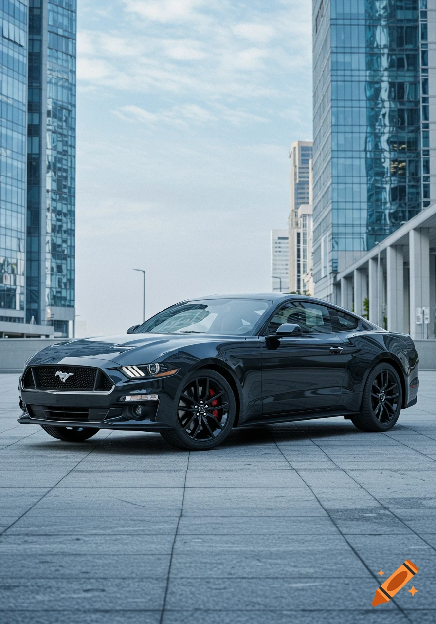 A black Ford Mustang with a glossy finish is parked on a tiled plaza in front of modern glass skyscrapers under a cloudy sky.
