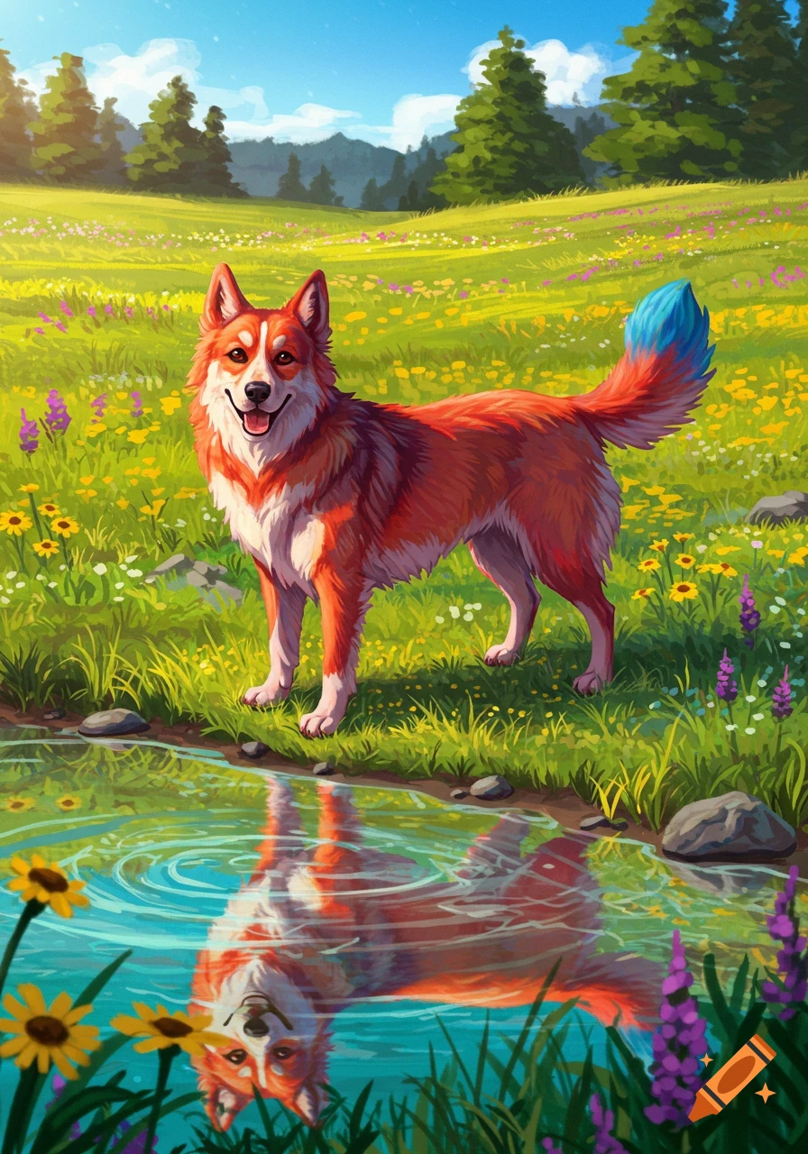 A cheerful red dog with a blue tail stands by a stream in a sunny, flower-filled green meadow, its reflection visible in the water. Illustrated.