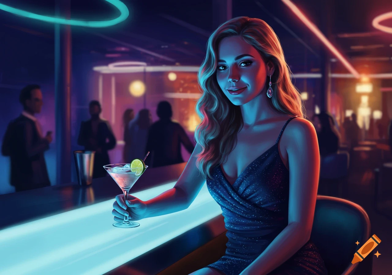 A smiling woman in a dark, sparkling dress holding a cocktail at a vibrant, neon-lit bar.