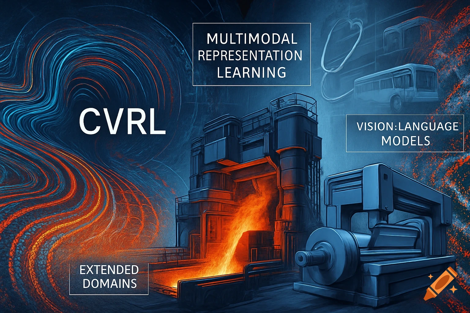 Digital art conceptualizing AI research, showing abstract data, industrial machinery, buses, medical symbols, and text.