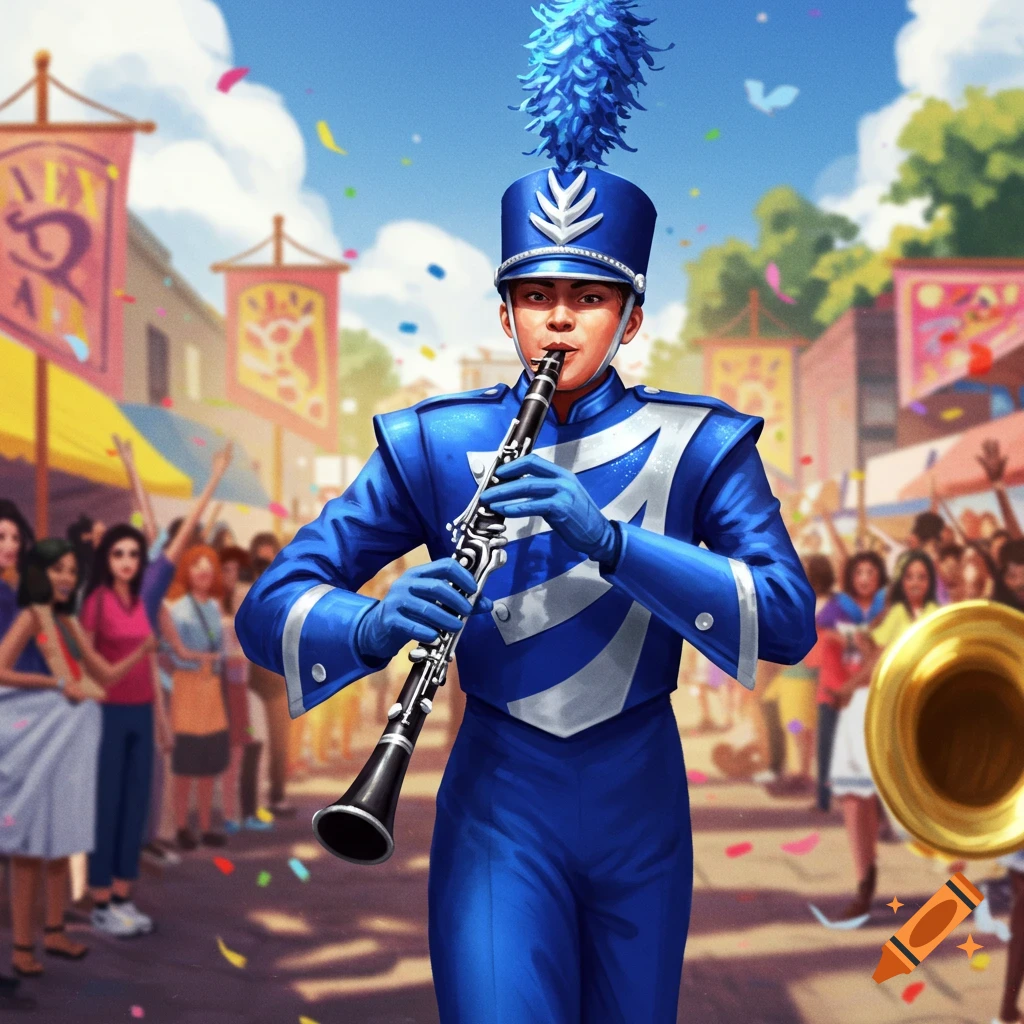 An illustrated marching band member in a blue uniform plays a clarinet during a festive parade with confetti.
