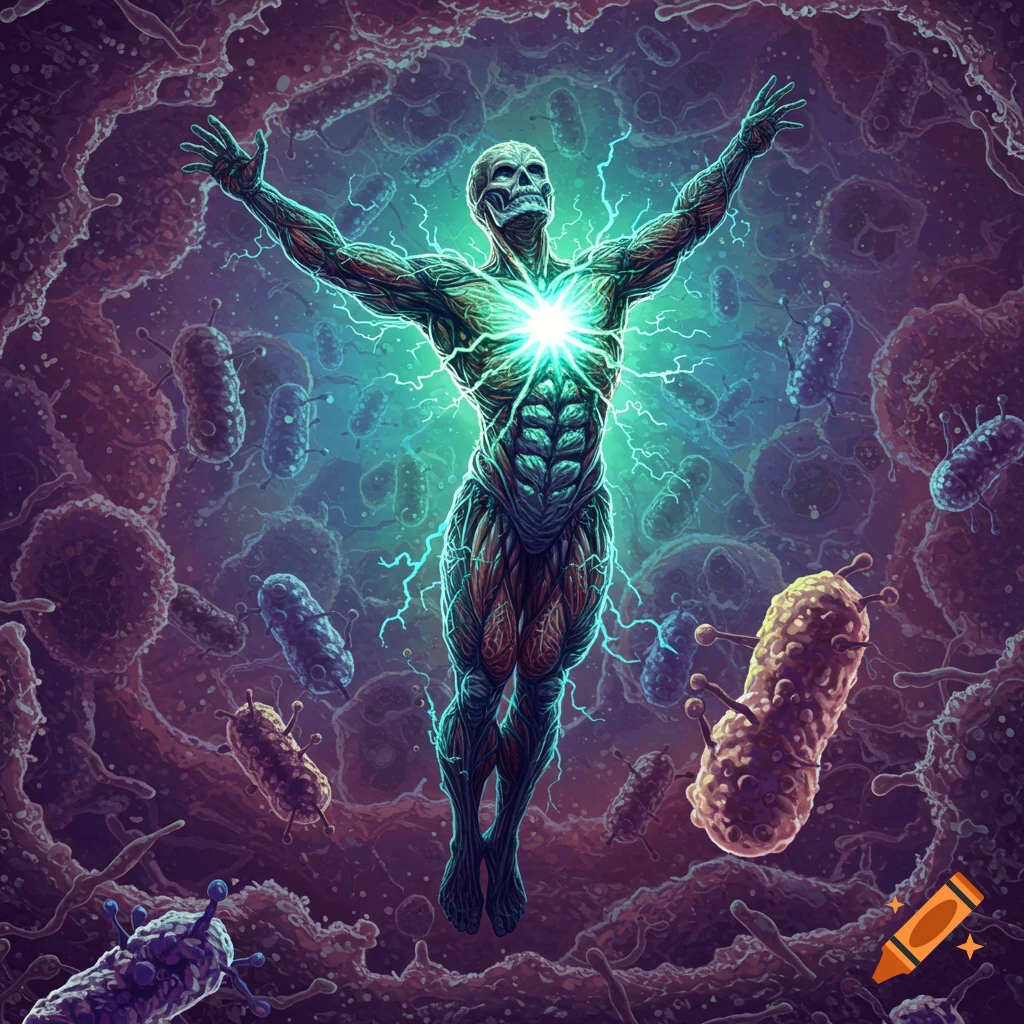 Glowing skeletal superhero with exposed muscles and lightning, surrounded by swirling bacteria and viruses in a microscopic environment, illustrative style.