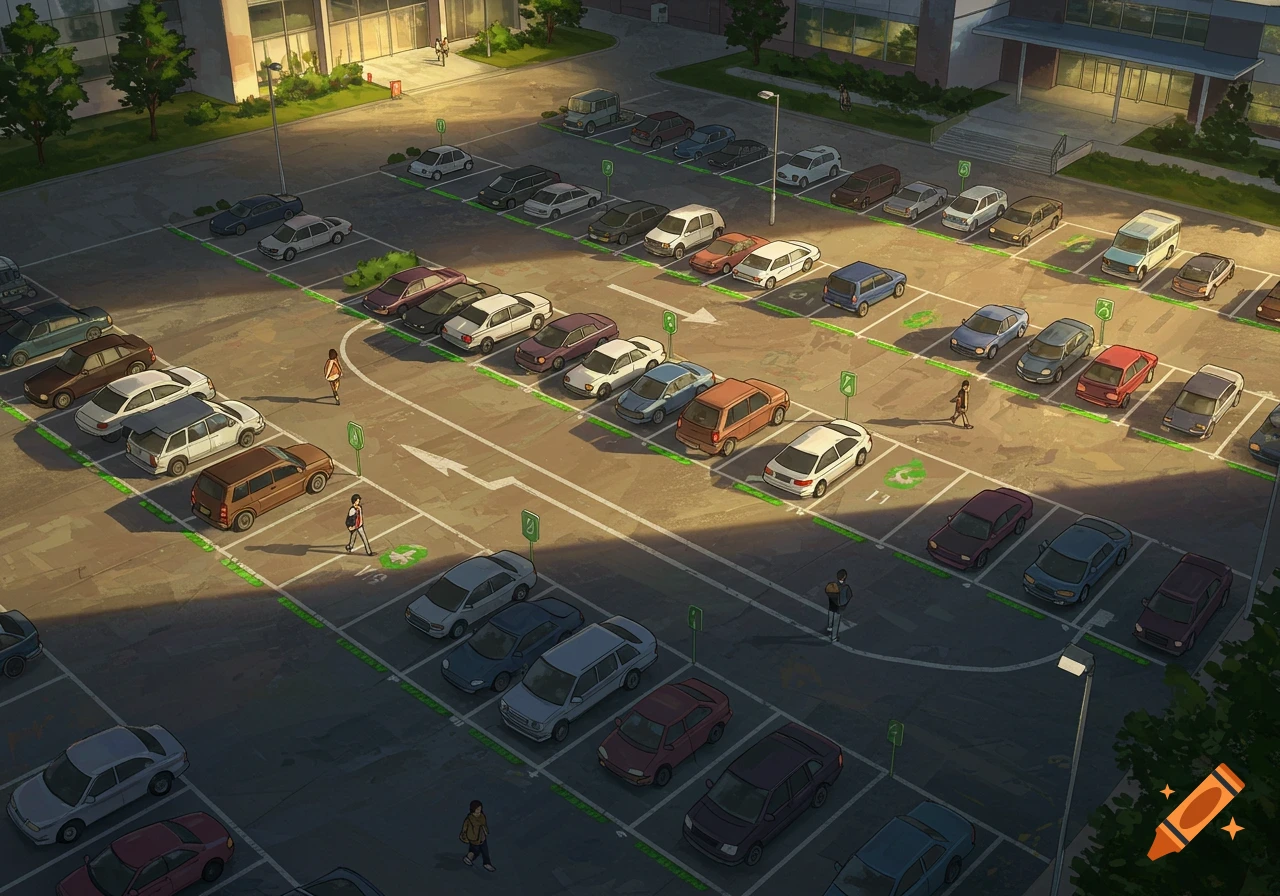 Overhead digital painting of a university campus parking lot at golden hour, with cars, green available space markers, and students walking.