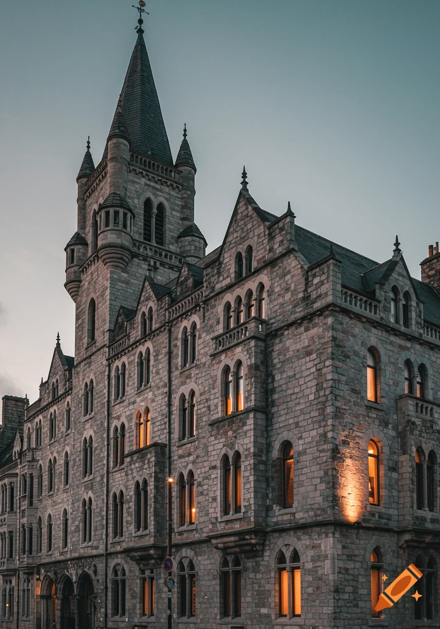 A grand, multi-story gothic-style building made of grey stone with a tall spire, illuminated by warm light from its many arched windows at dusk.