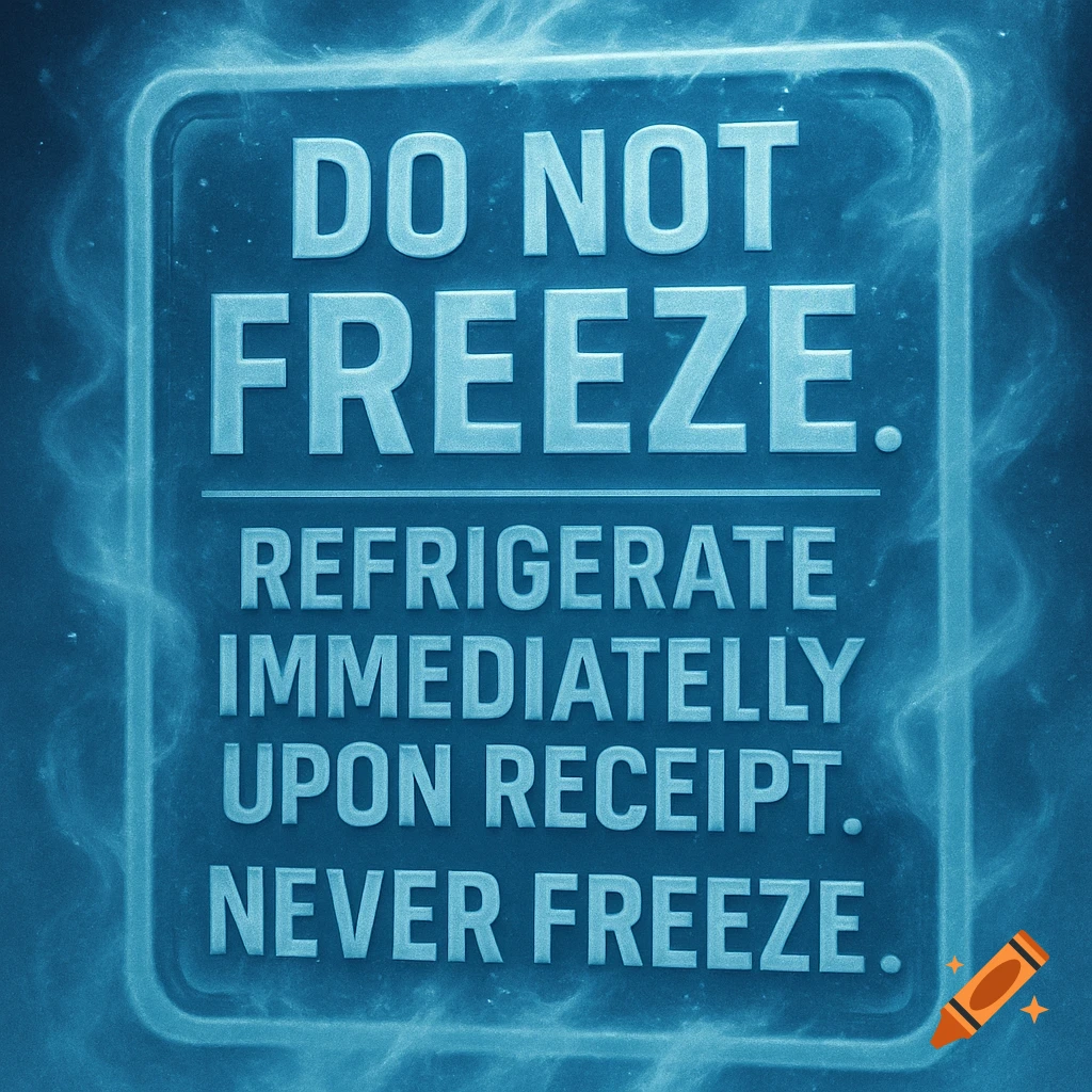 A blue sign with white embossed text in a frosty aura reads: DO NOT FREEZE. REFRIGERATE IMMEDIATELY UPON RECEIPT. NEVER FREEZE.