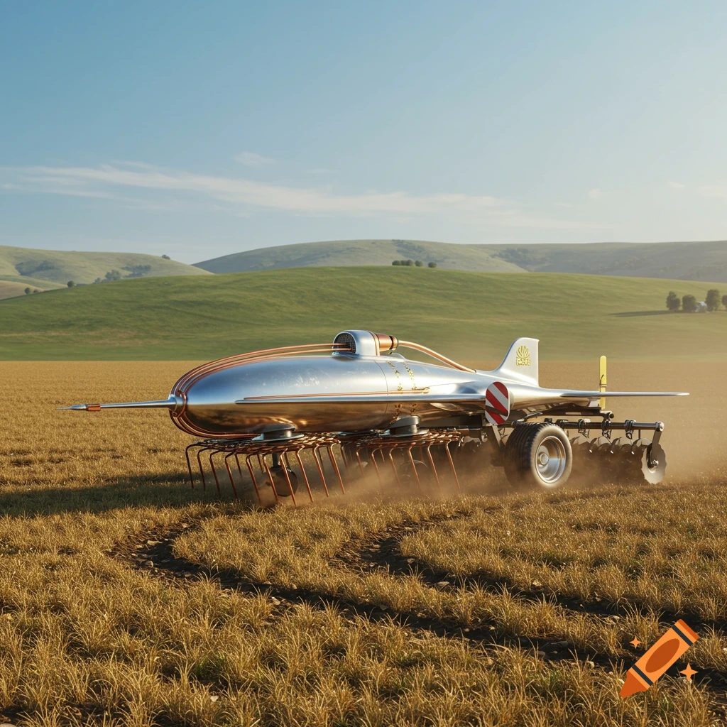A futuristic, silver, torpedo-shaped plough with copper pipes cultivates a golden field under a blue sky, with green hills in the background. Photorealistic.
