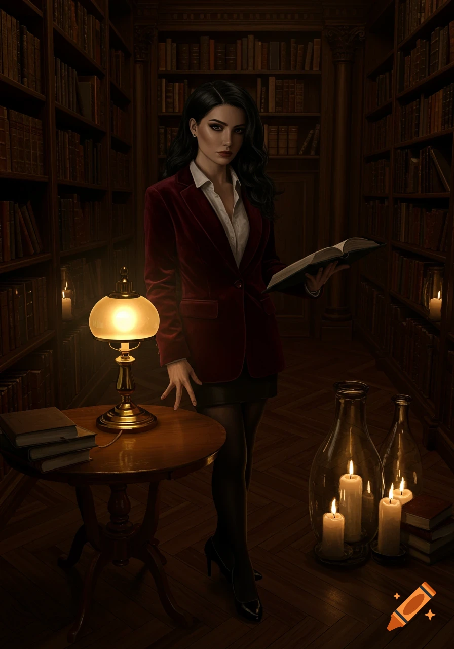 A woman in a dark library holds a book, illuminated by a table lamp and candles, in a photorealistic style.
