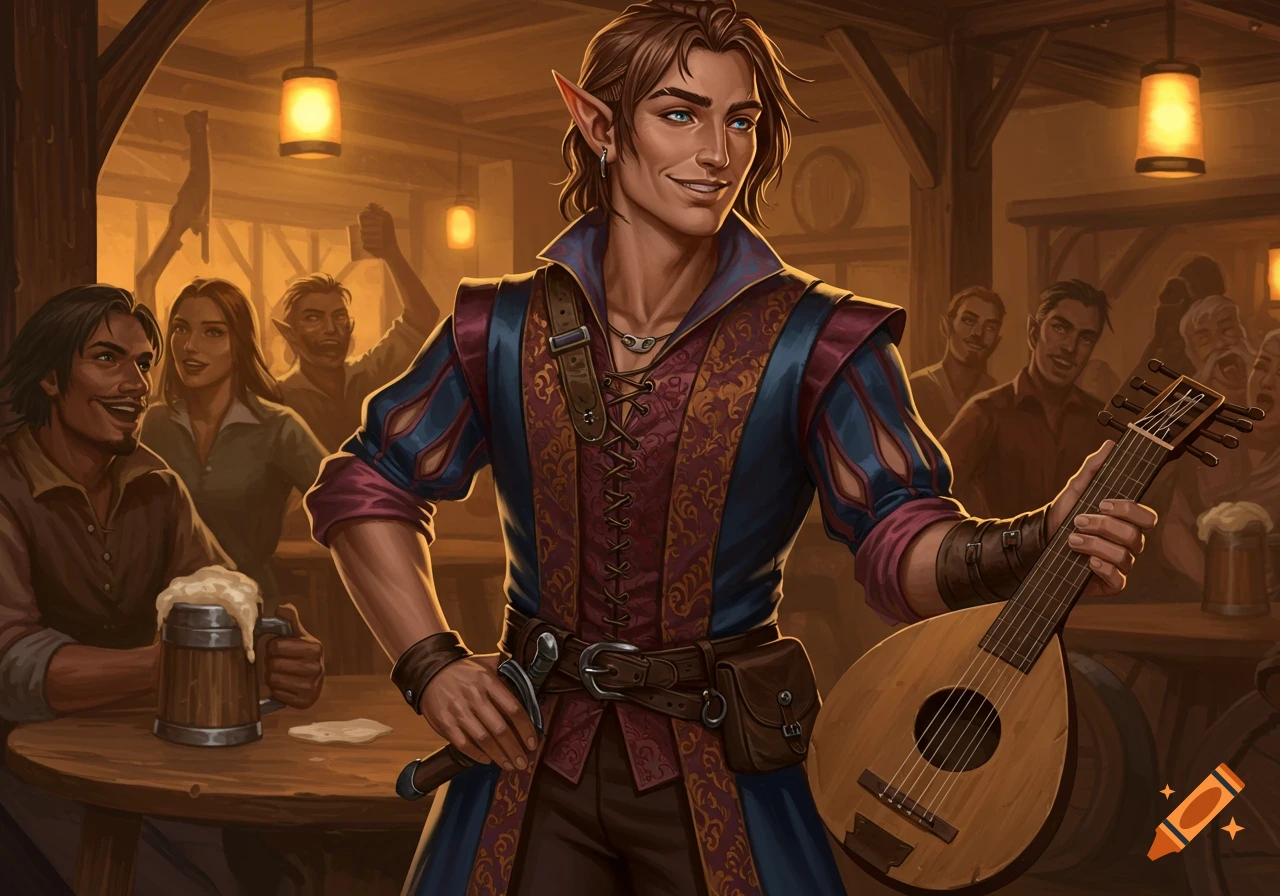 A smiling half-elf bard holding a lute in a warm, lively fantasy tavern with other patrons.