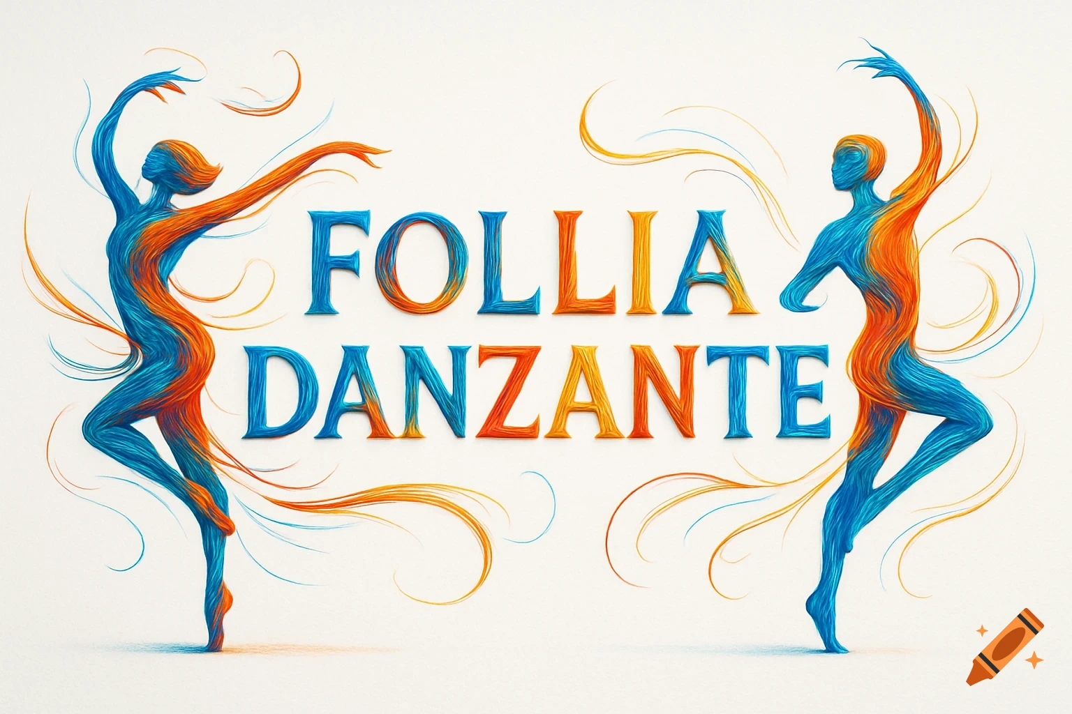 Stylized dancers made of blue and orange swirling lines frame the text 'FOLLIA DANZANTE' on a white background.