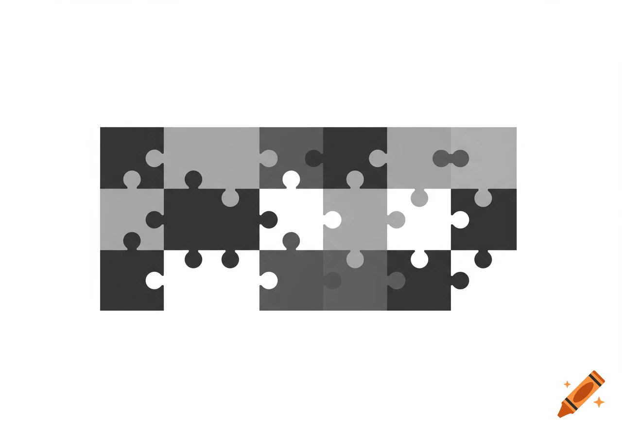 A rectangular block of interlocking puzzle pieces in shades of gray, black, and white on a white background.