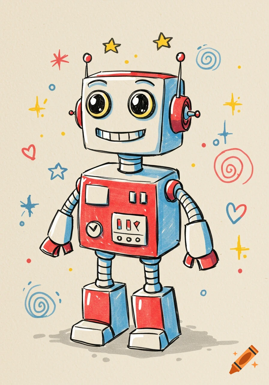 A happy, cartoon-style robot drawn in red and blue with a childlike sketch aesthetic, surrounded by whimsical doodles.