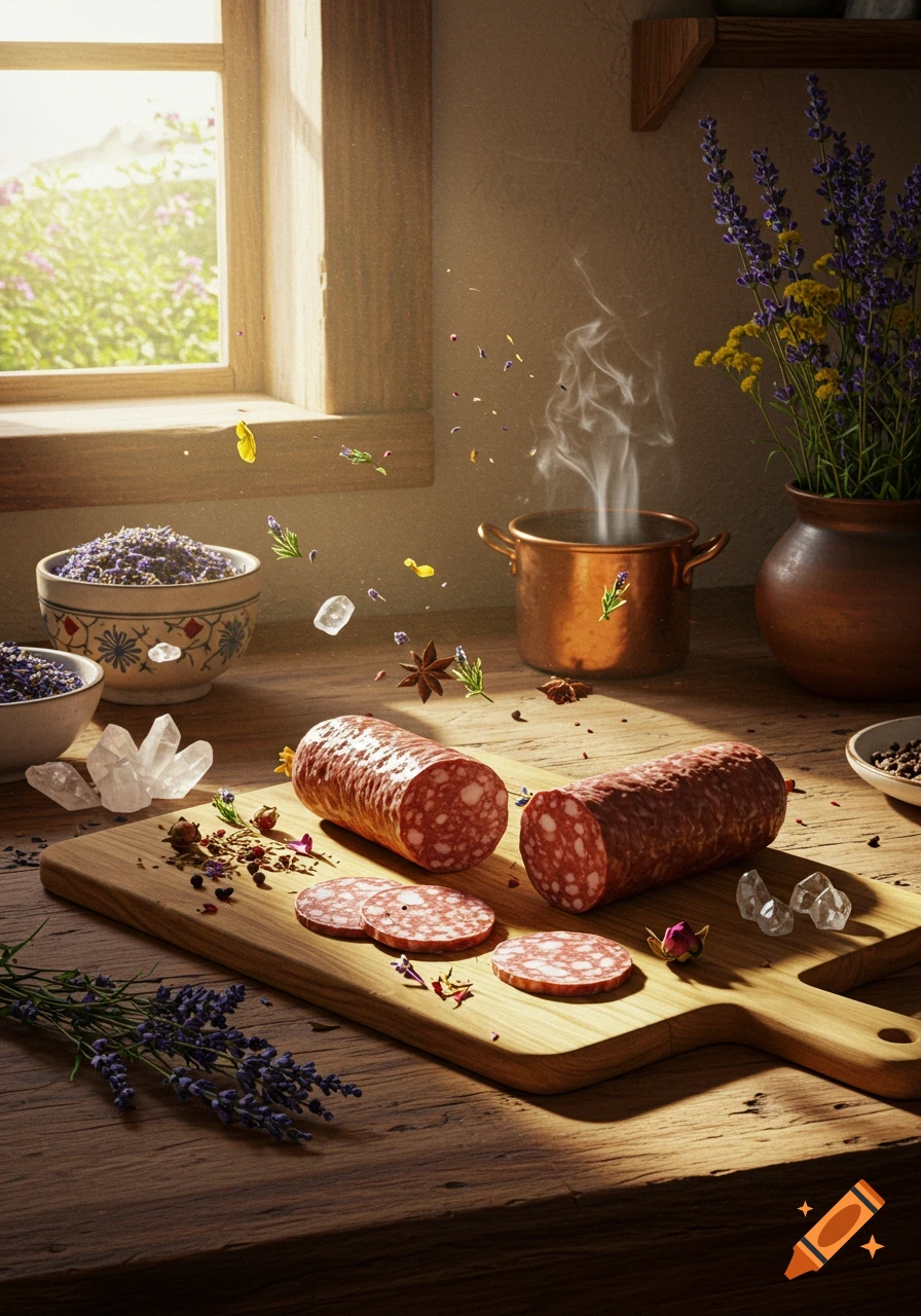 Photorealistic still life of sliced salami on a cutting board, surrounded by floating spices, lavender, and steaming pot in a sunlit kitchen.