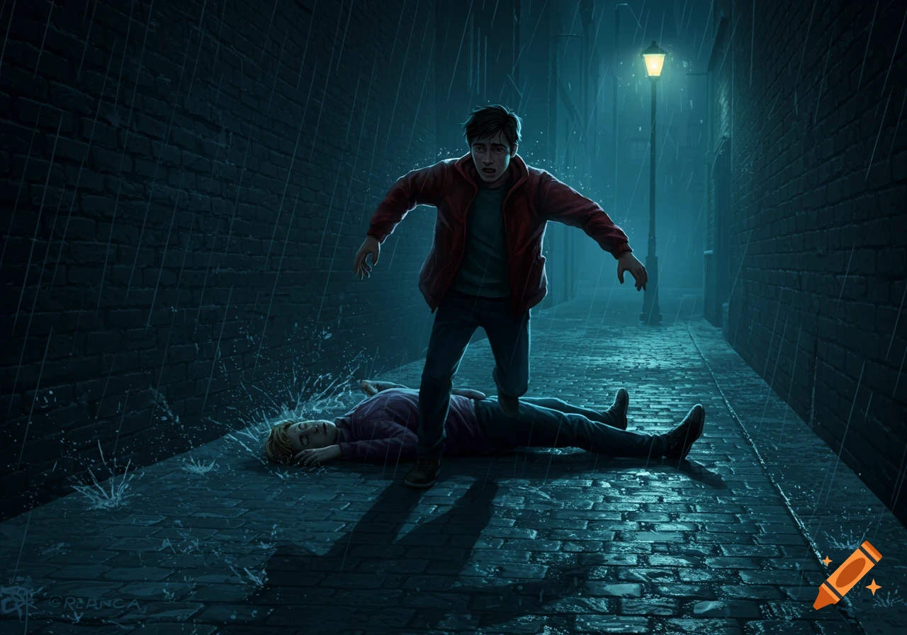 A young man in a red jacket stands over an injured person on a dark, wet street during a rainy night, dramatic illustration.