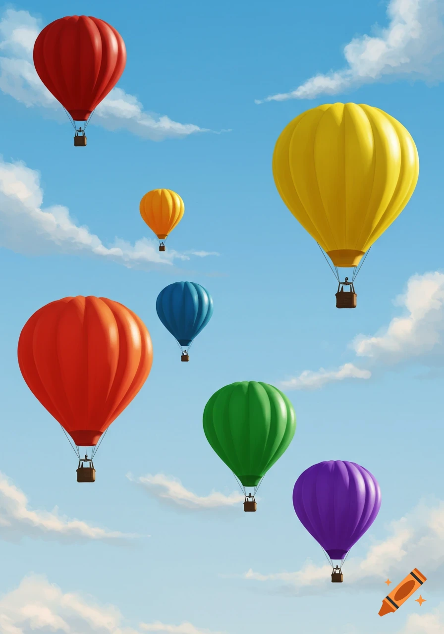 Six colorful hot air balloons in red, yellow, orange, blue, green, and purple float in a clear blue sky with white clouds.