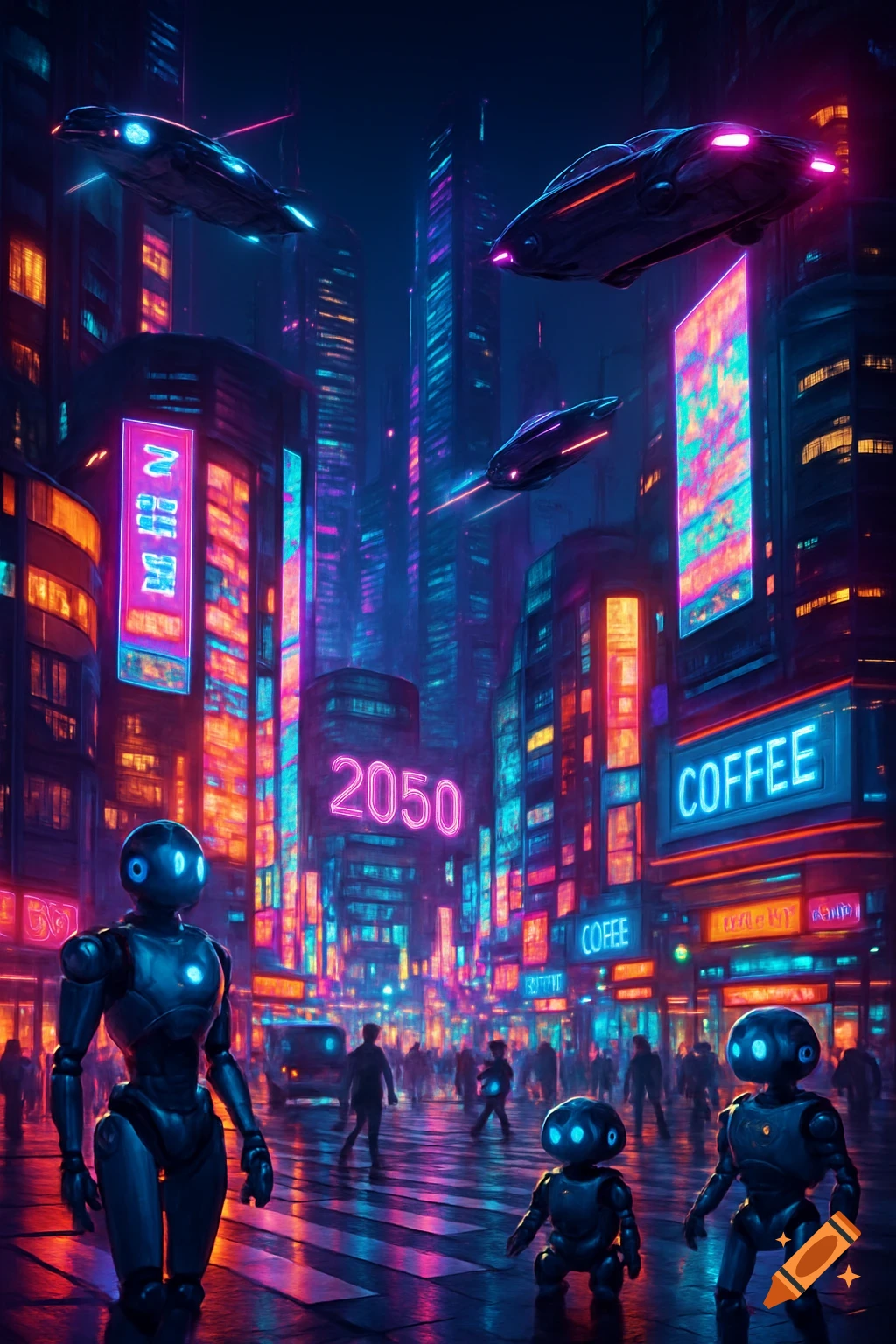 A vibrant, neon-lit futuristic city at night, with flying cars, skyscrapers, and a street bustling with people and robots, including one tall and two smaller ones.