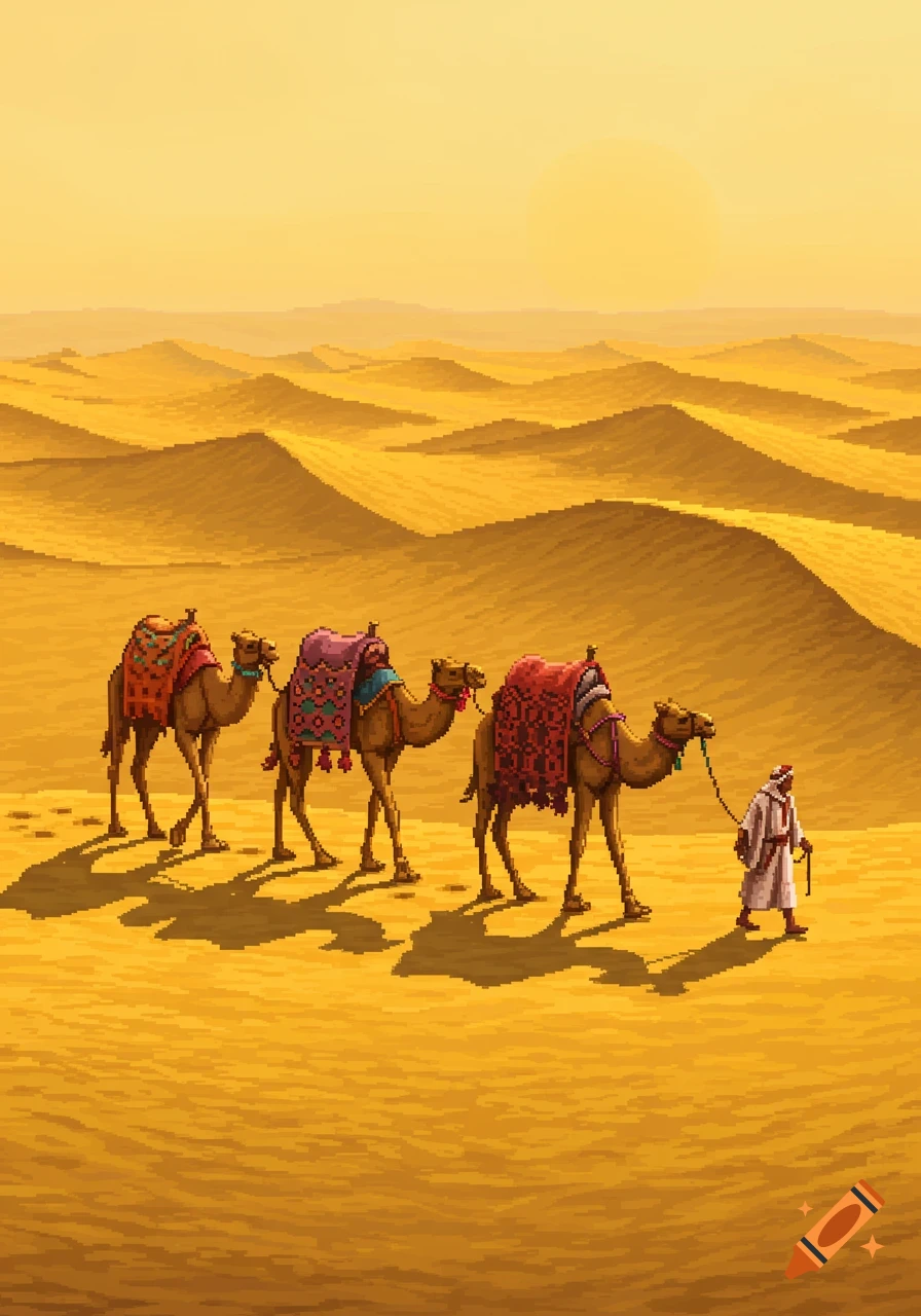 Highly detailed pixel art of a Moroccan desert trader leading three laden camels across sand dunes under a warm sun.
