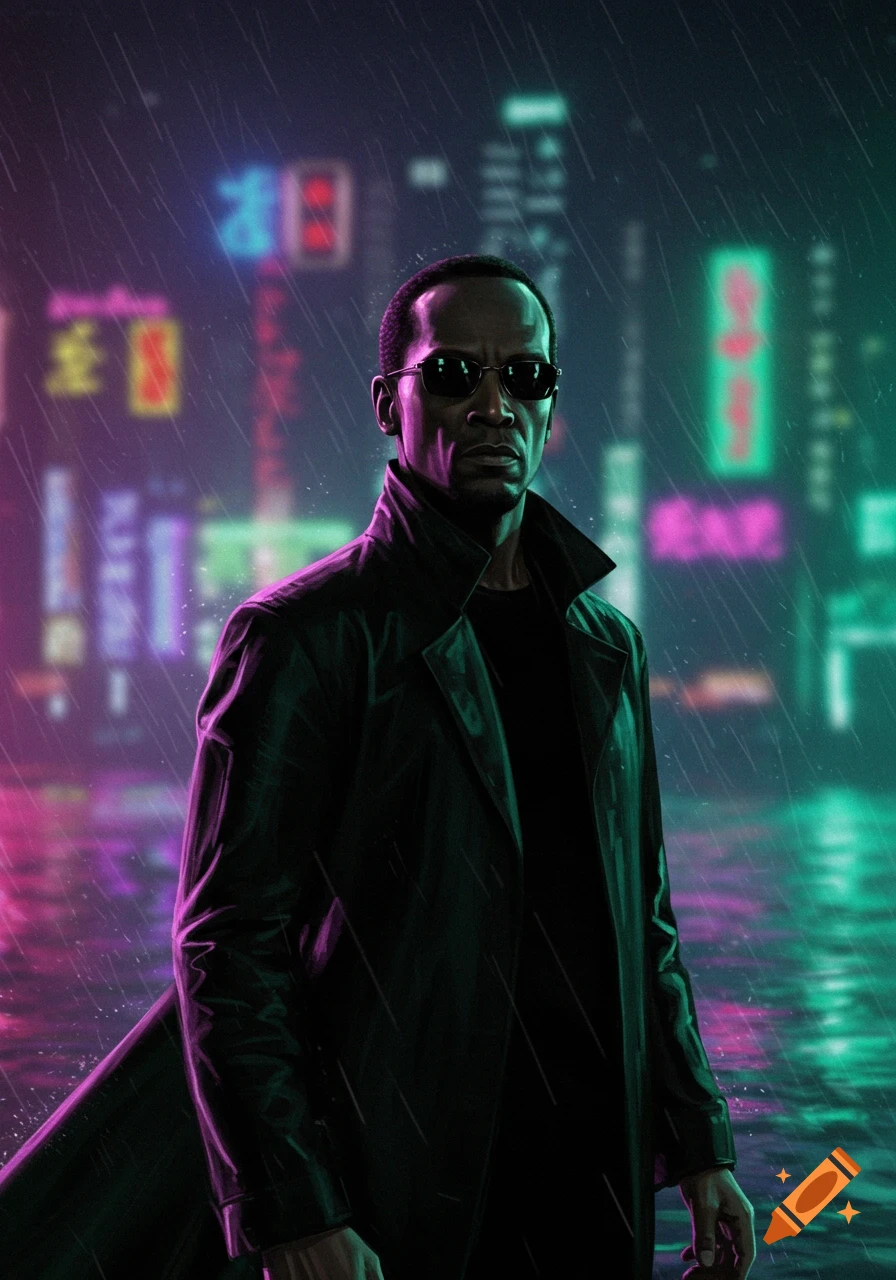A man resembling Morpheus from The Matrix stands in the rain in a neon-lit cyberpunk city, wearing sunglasses and a black trench coat.