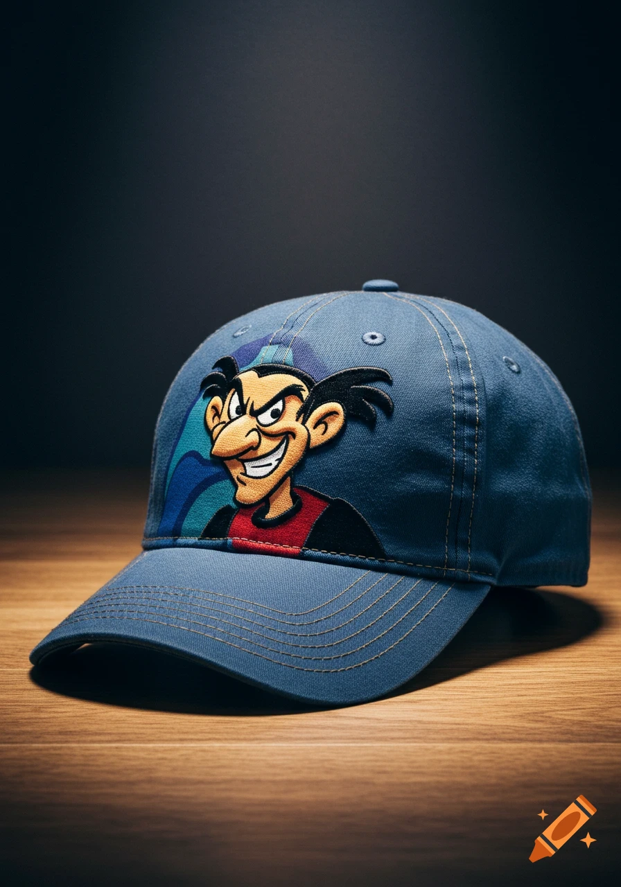 A close-up shot of a blue baseball cap featuring an embroidered cartoon character of Gargamel on the front.