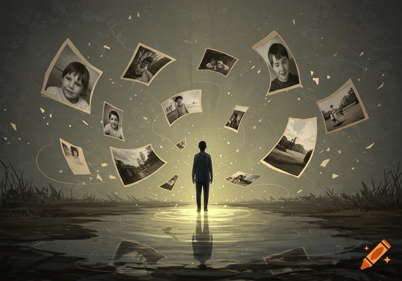 An illustration of a person standing in water, surrounded by floating sepia-toned photographs depicting childhood memories.