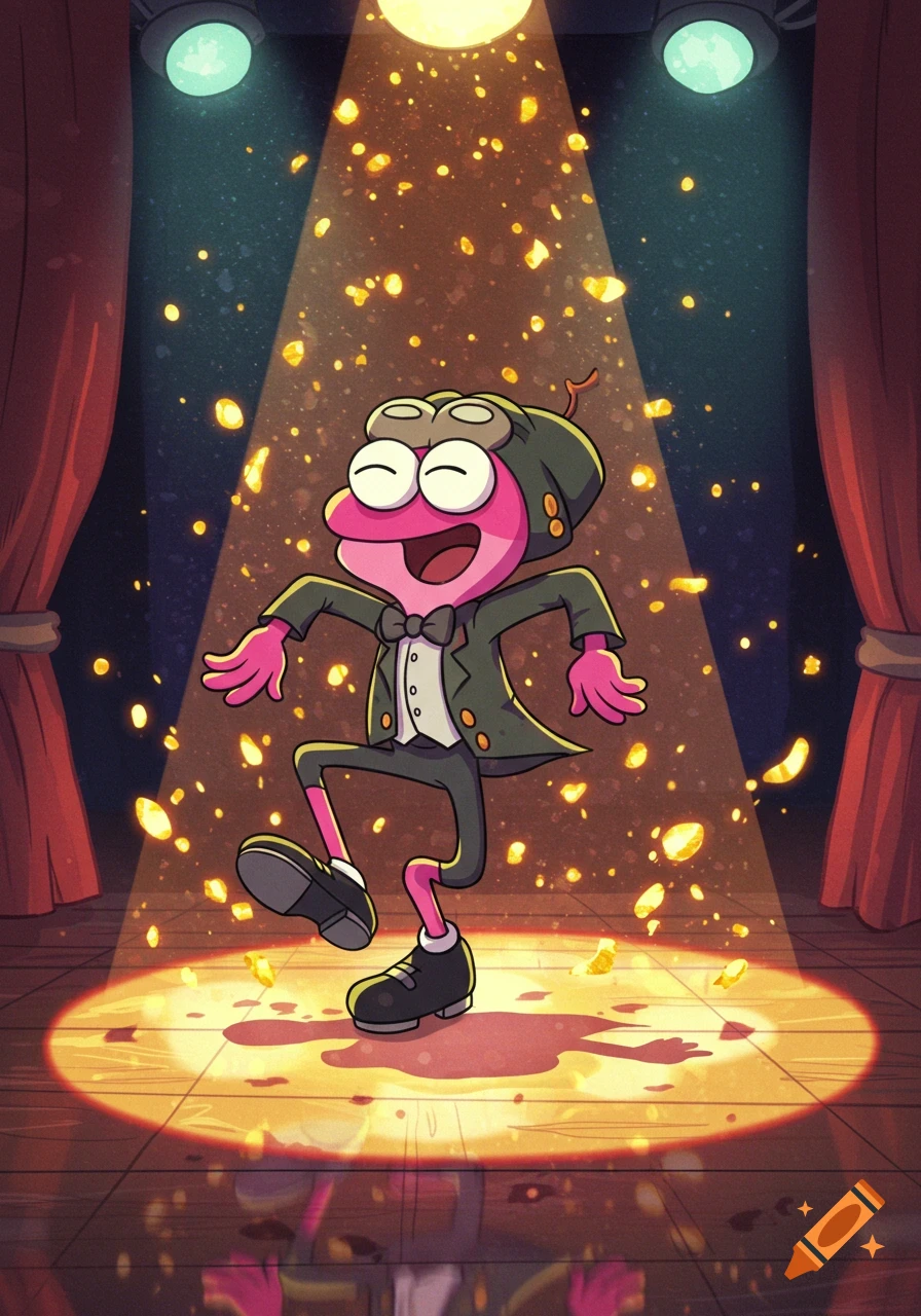 Cartoon Sprig Plantar from Amphibia tap dancing on a spotlighted stage with falling gold confetti.
