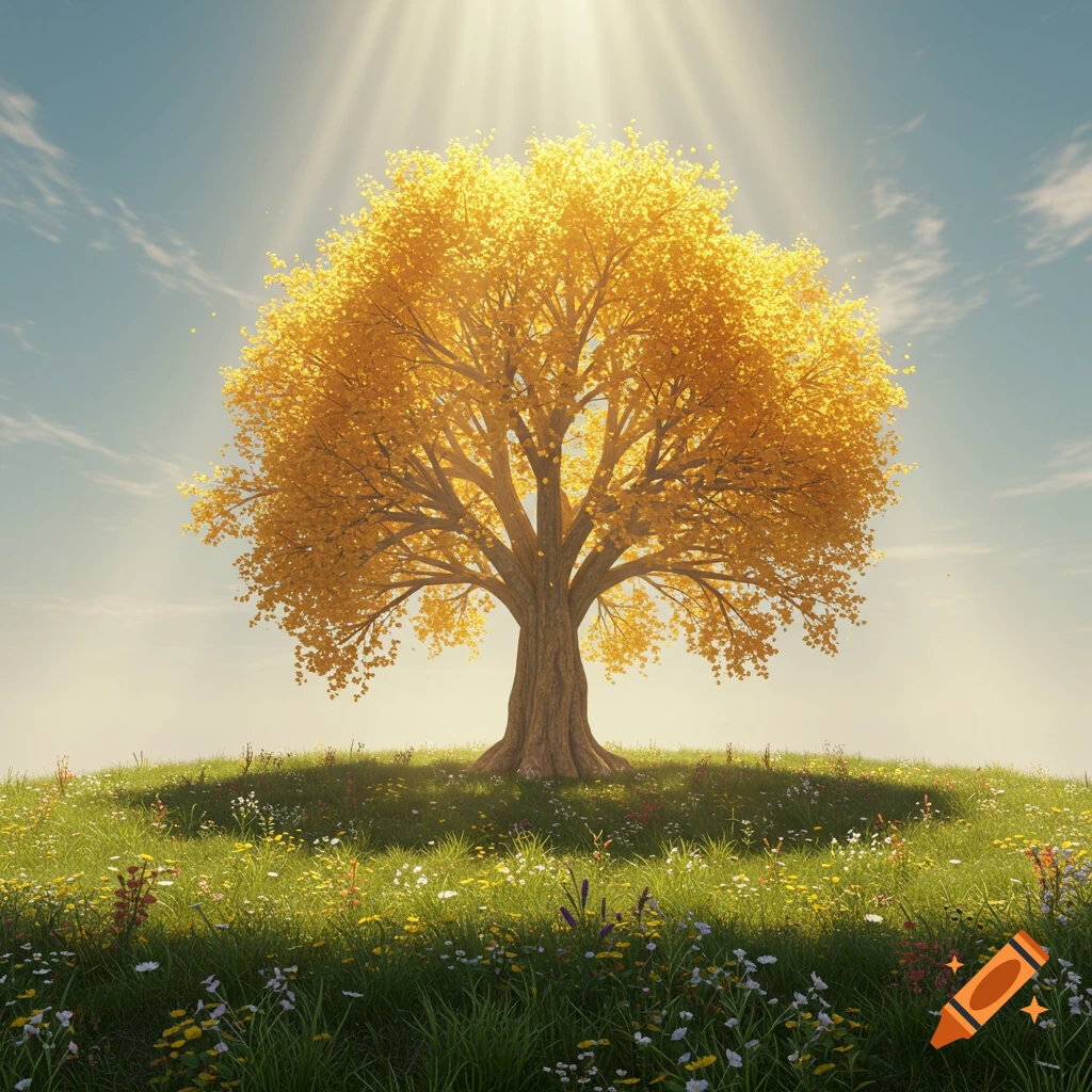 A golden-leafed tree stands on a wildflower-dotted green hill under a radiant sunny sky.
