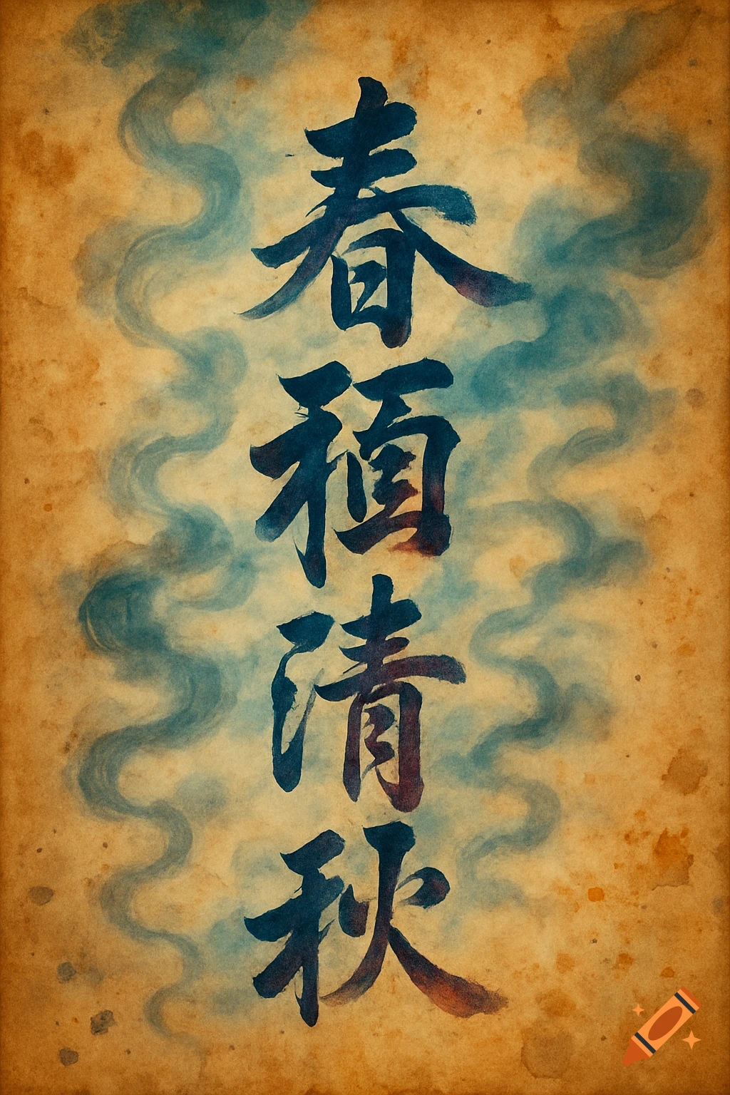 Blue Chinese calligraphy characters (Spring, Recall, Clear, Autumn) on aged paper with wavy blue patterns.