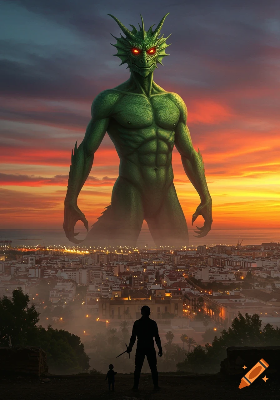 A colossal green reptilian monster with glowing red eyes stands over a city at sunset, as two silhouetted figures watch from a hill.