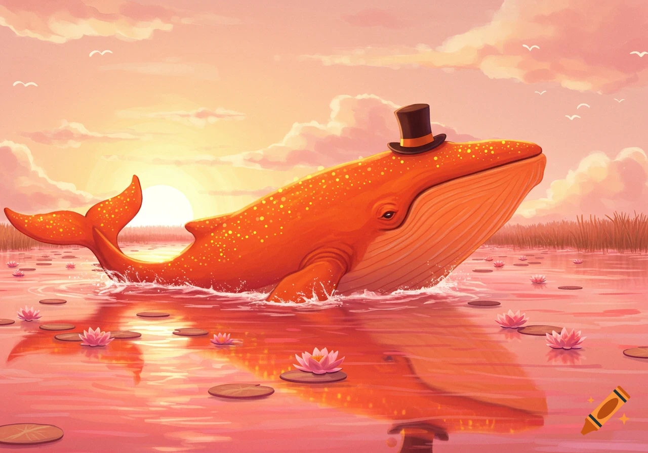 An orange whale with yellow spots and a top hat swims in a pink lake with water lilies at sunset in an illustrative style.