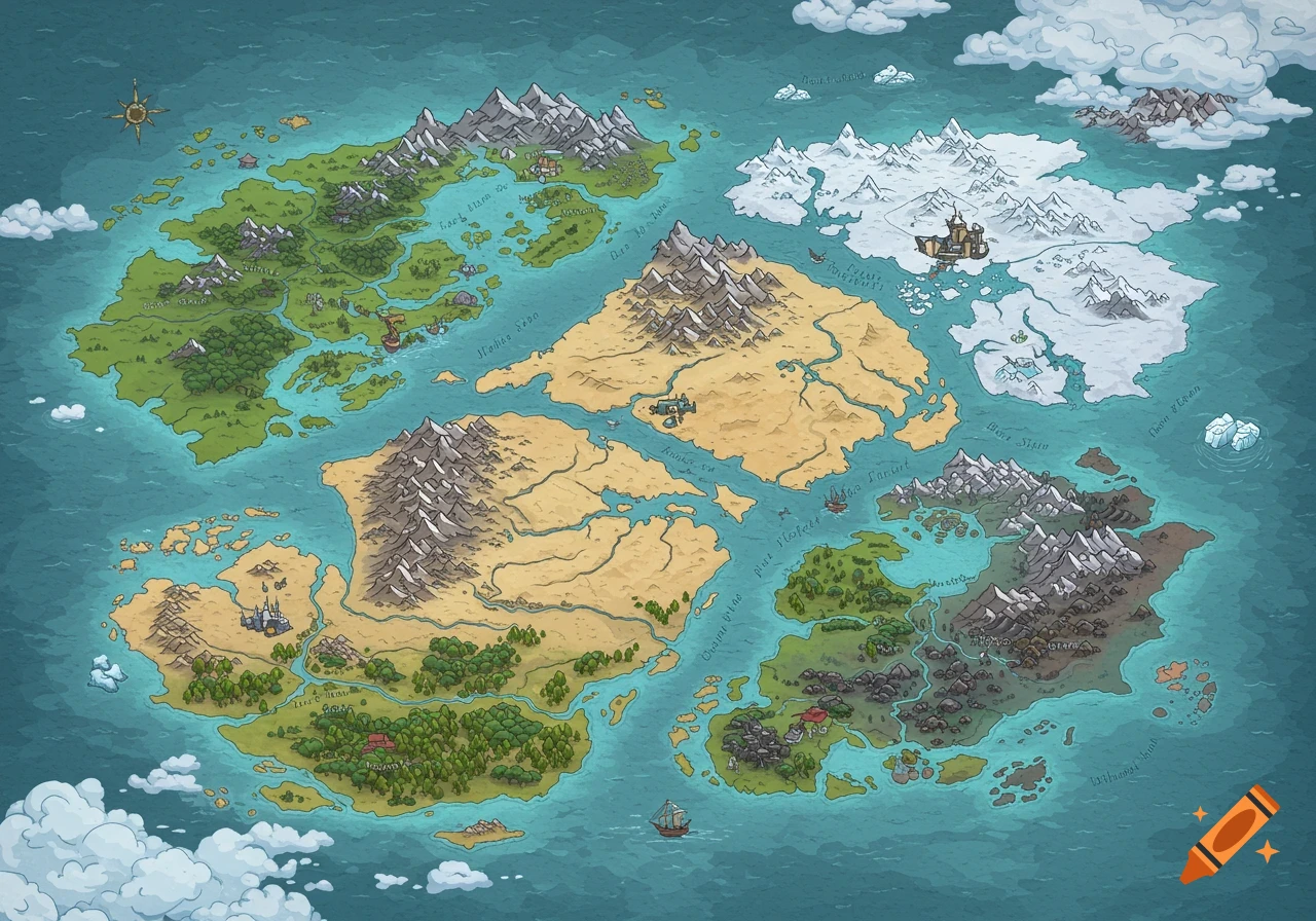 A colorful, hand-drawn fantasy world map featuring multiple continents with green, desert, and snowy biomes, surrounded by turquoise oceans.