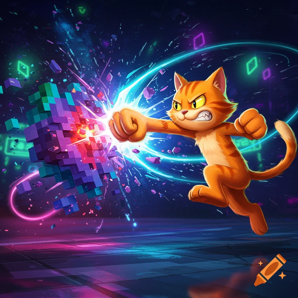 An energetic orange cartoon cat punches a pixelated cube, causing a colorful explosion in a vibrant digital art style.
