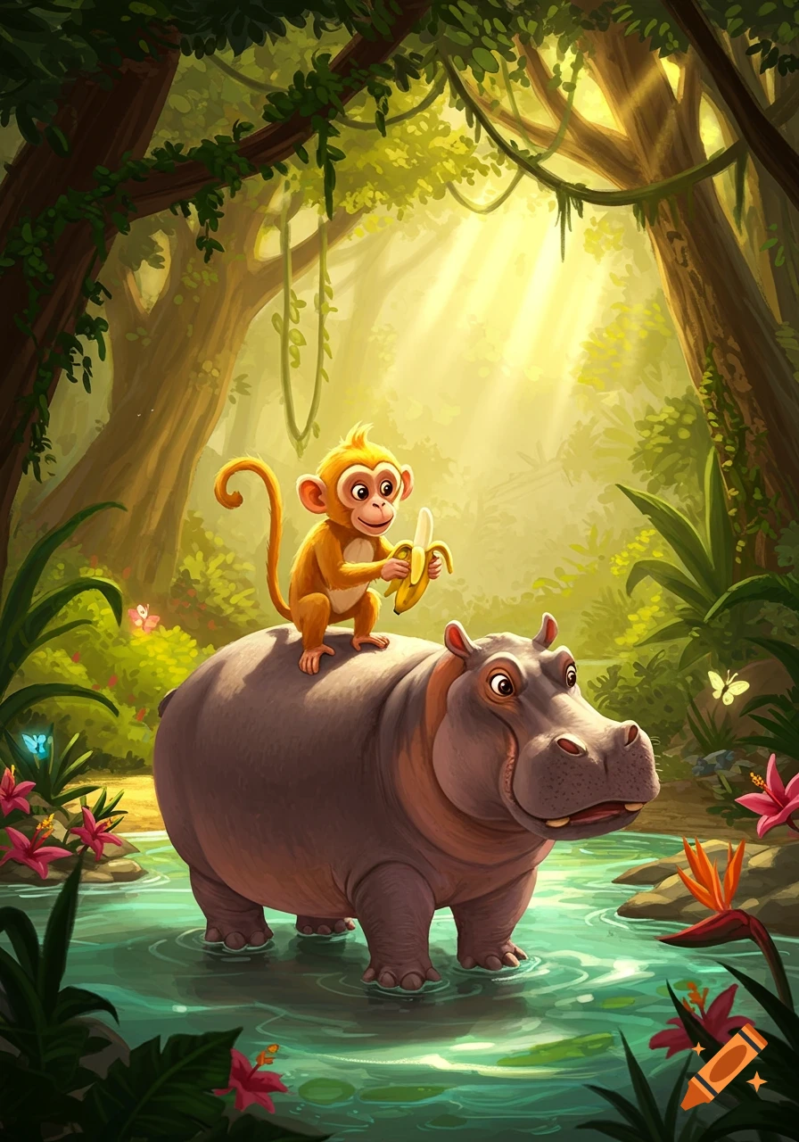 A cartoon monkey peels a banana while riding on the back of a smiling hippo in a vibrant, sunlit jungle river.