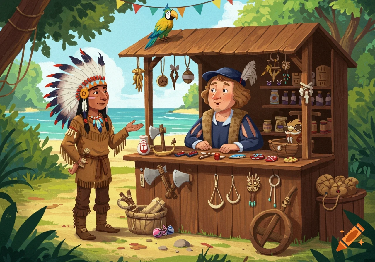 A cartoon Native American man in a feathered headdress speaks to Christopher Columbus across a market stall by a beach, with a parrot on the roof.