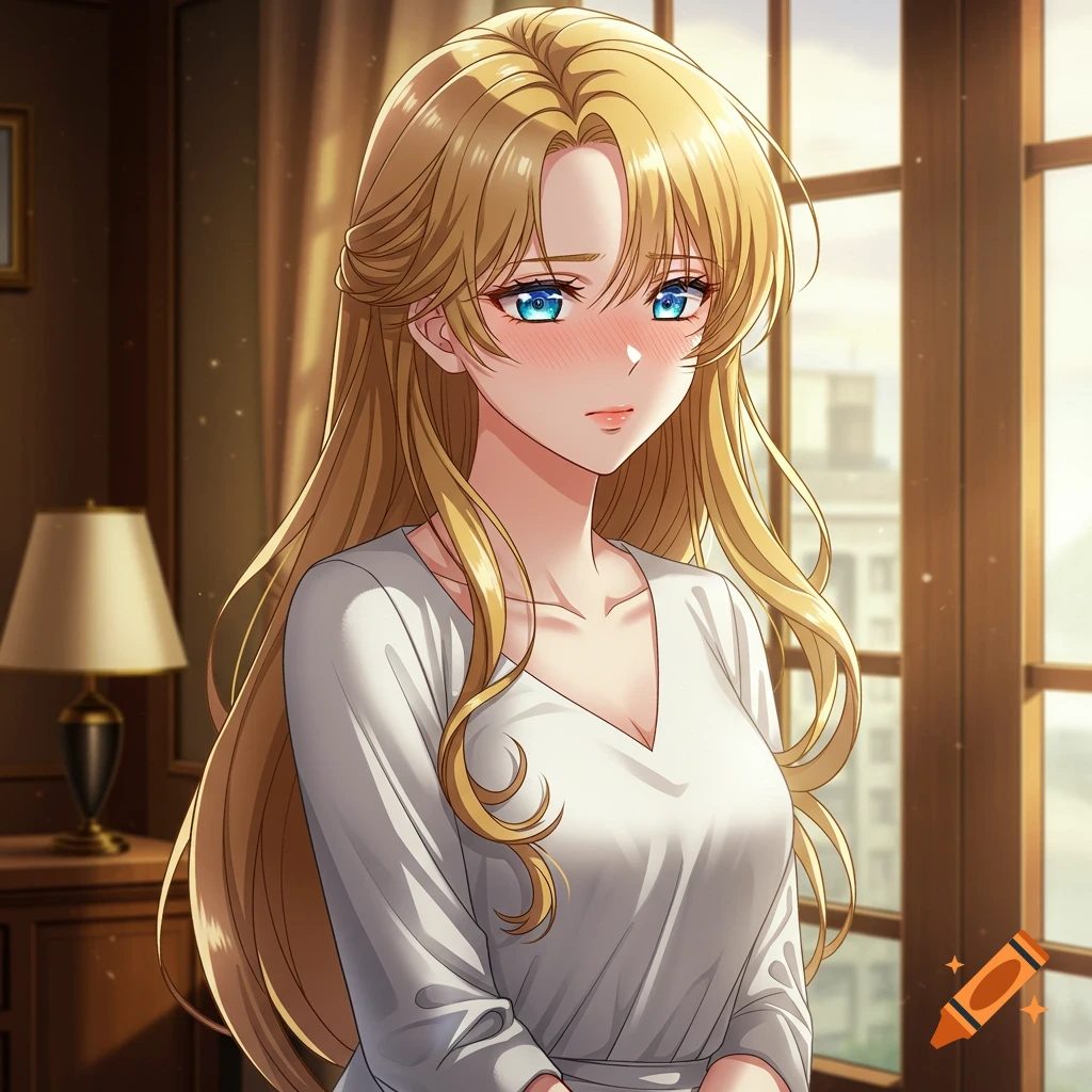 Anime woman with long golden hair and blue sparkling eyes, blushing with a pouty expression, wearing a white v-neck dress, indoors near a window.