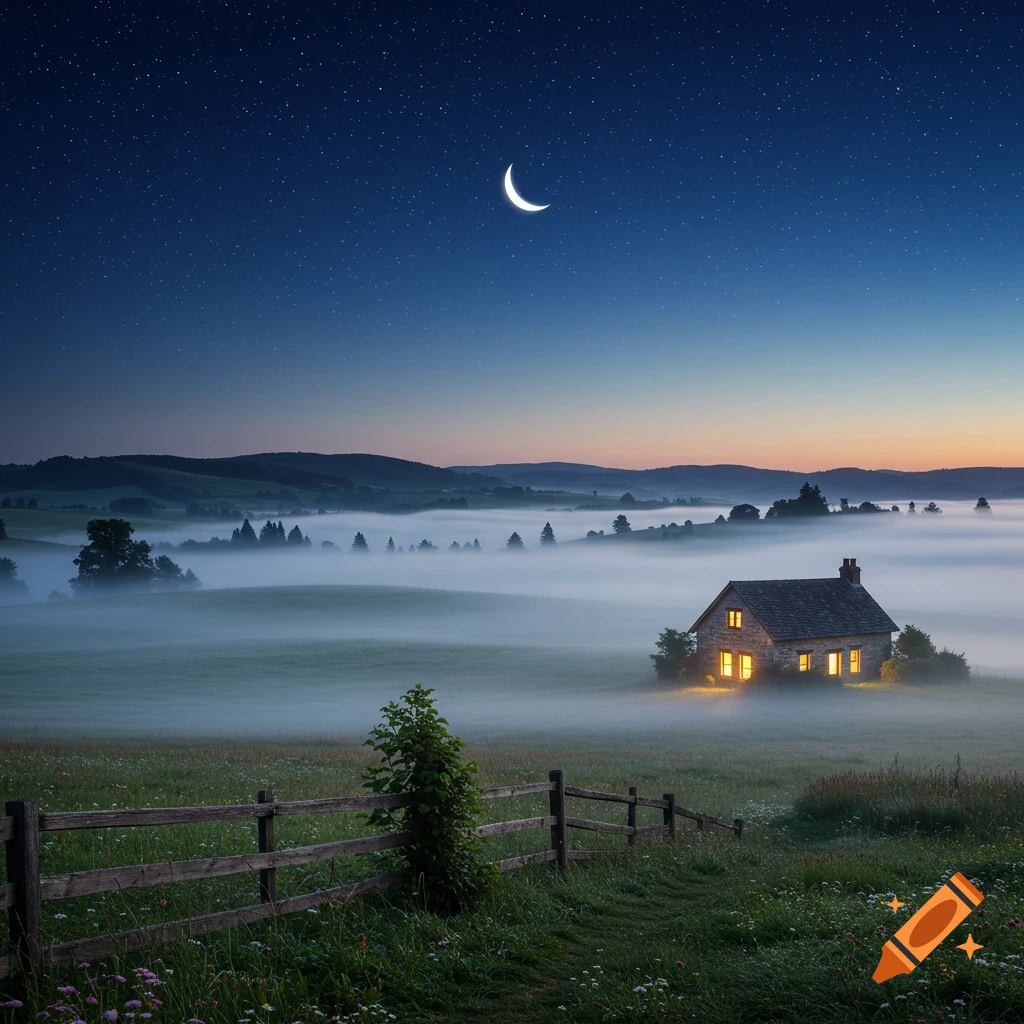 A cozy stone house with glowing windows in a foggy valley under a starry night sky with a crescent moon, with a wooden fence in the foreground.