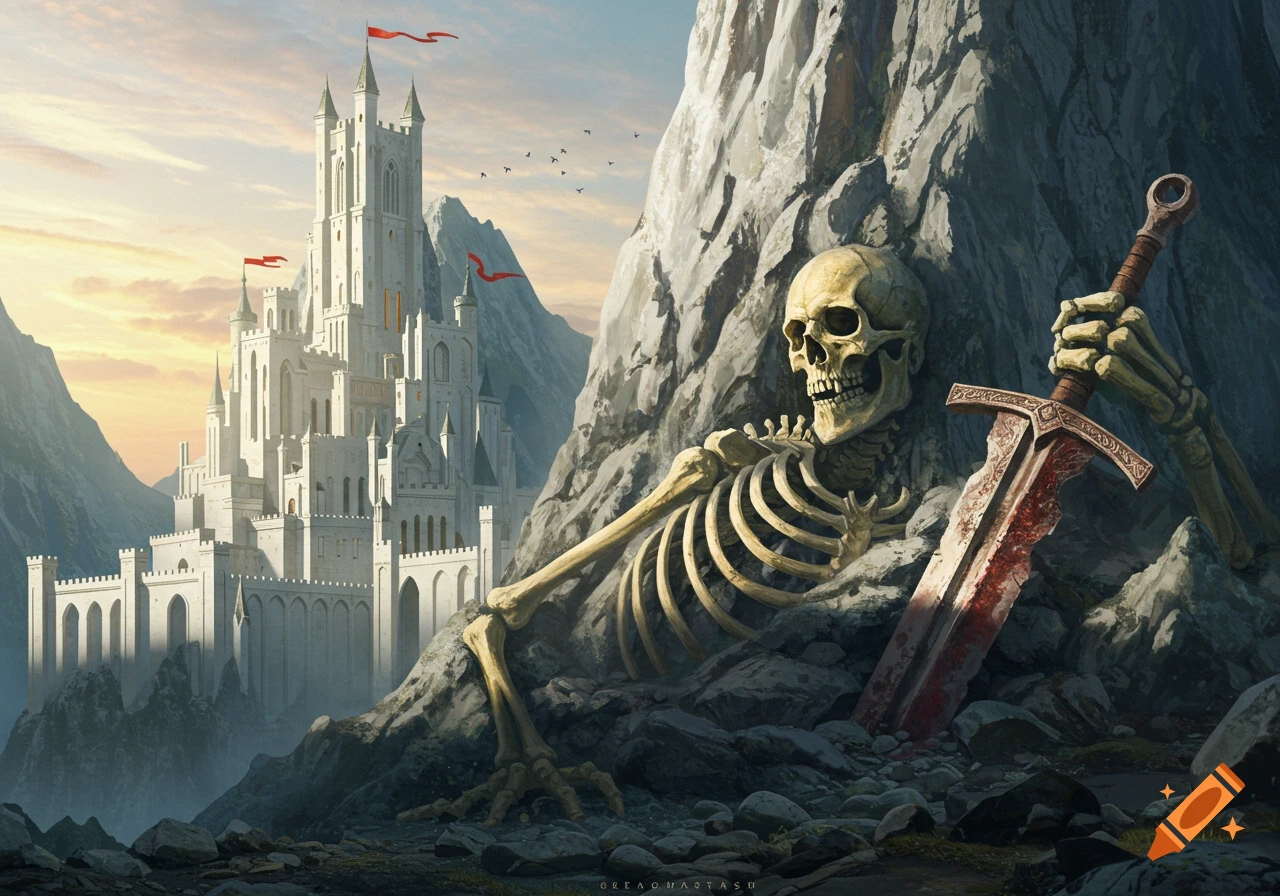 A large skeleton holds a bloody sword, leaning against a mountain next to a white fantasy castle at sunset.
