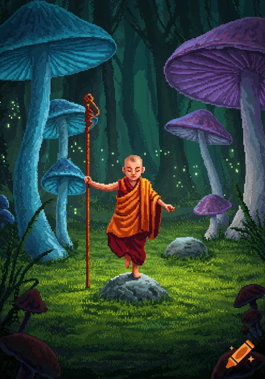A young monk in orange robes balances on a staff amidst a vibrant, mystical mushroom forest, depicted in pixel art style.
