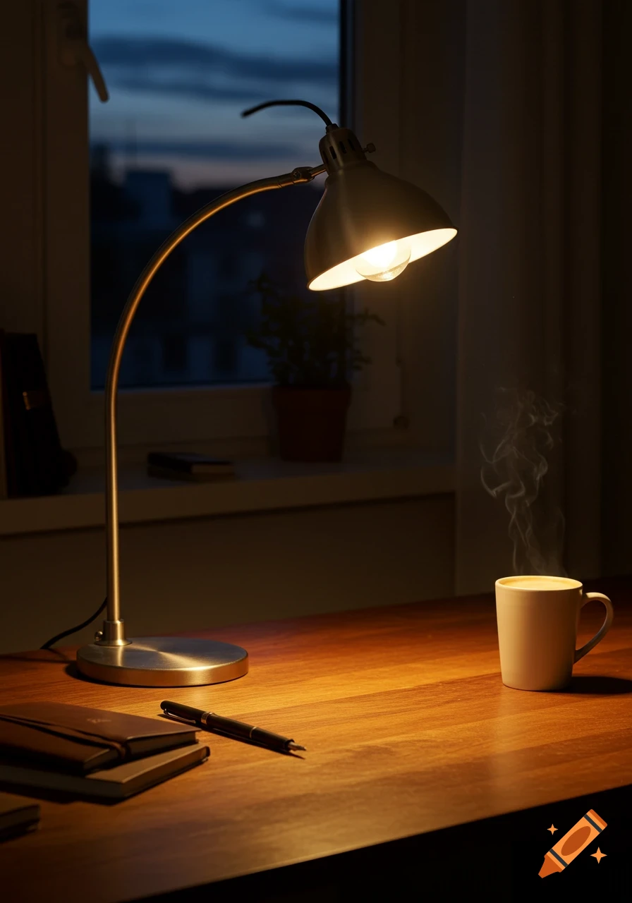 A desk lamp illuminates a wooden desk with a steaming coffee cup, notebooks, and a pen, by a window at dusk.
