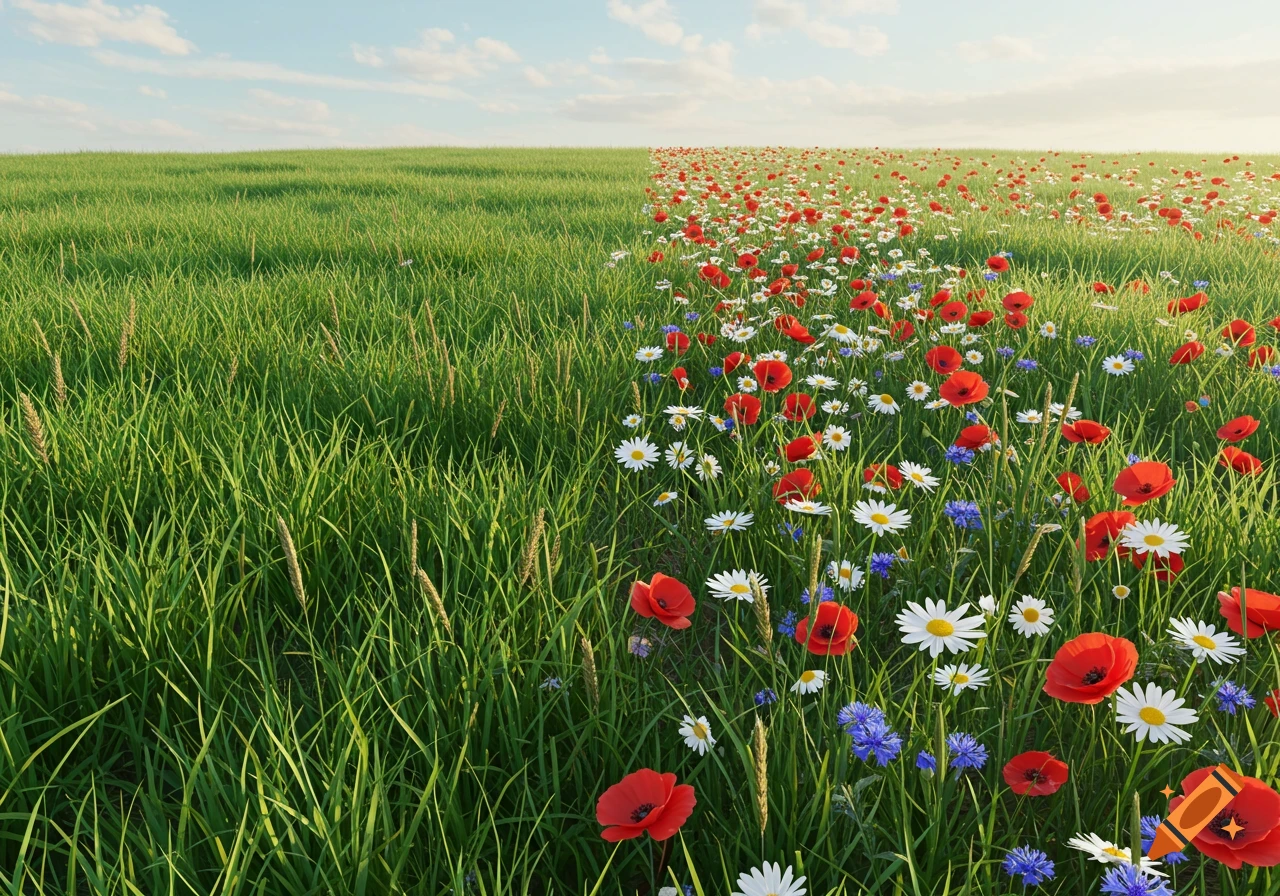 A photorealistic meadow split down the middle, with green grass on the left and a vibrant field of red poppies, white daisies, and blue cornflowers on the right.