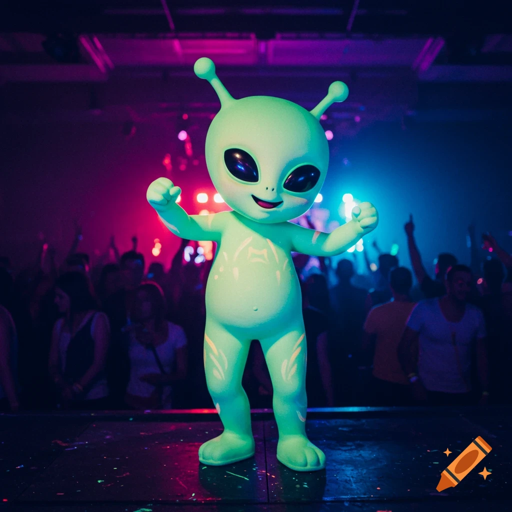 A quirky alien character dancing with joyful abandon at a massive rave concert, amidst colorful neon glow and UV body paint.