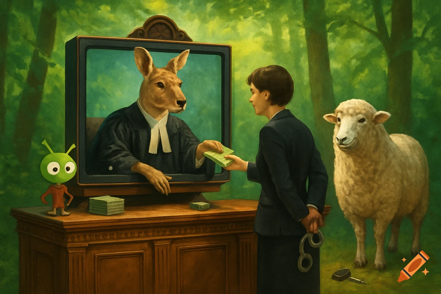 A woman gives money to a kangaroo judge on a TV in a green forest, holding handcuffs behind her back. An alien and a sheep are also present.