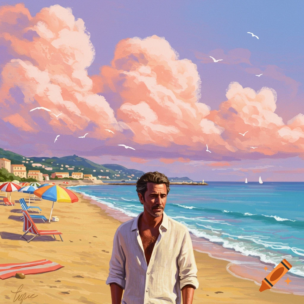 A man in a white shirt stands on a sandy beach with a coastal town and umbrellas, under a sky with large pink clouds in an illustration style.