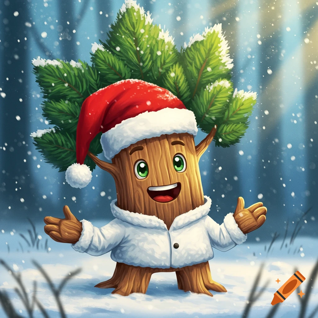 A happy cartoon tree character wearing a Santa hat and a white jacket, holding a small evergreen tree on its back, standing in a snowy forest.