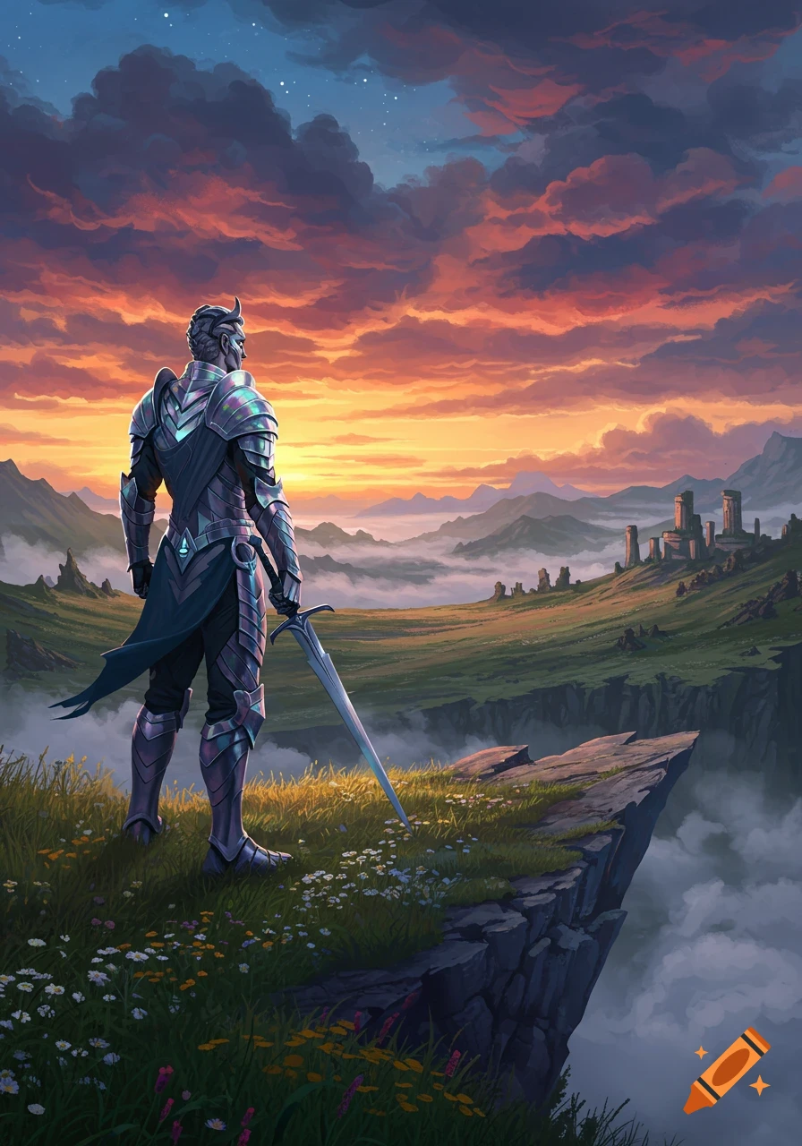 Armored figure on a cliff overlooking a vast misty valley with distant ruins at sunset, digital painting style.