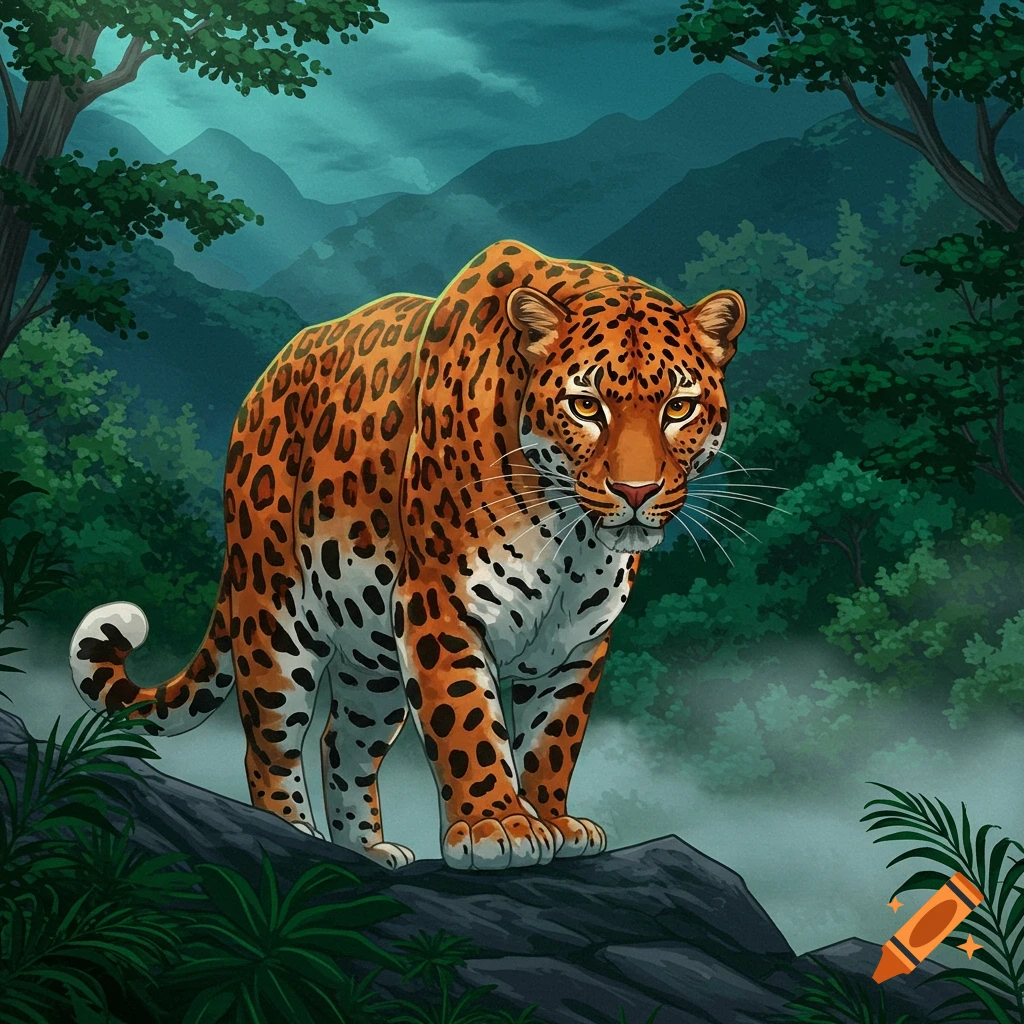 Stylized illustration of a leopard standing on a rock in a lush, misty jungle at dusk.